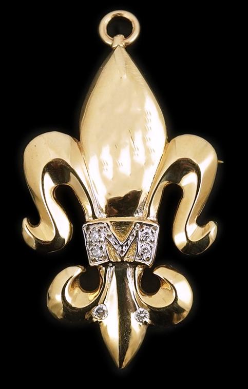 A modern 14k gold and diamond chip cluster set fleur de lys pendant